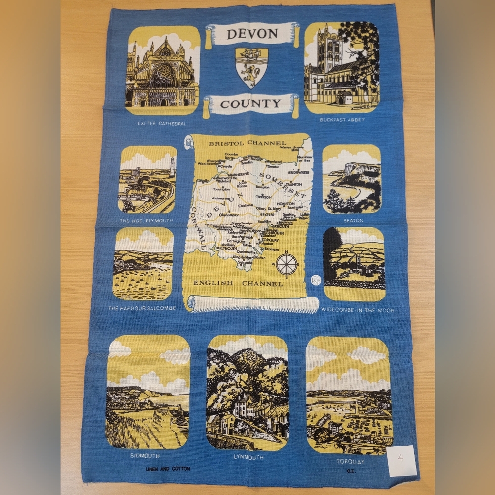 Vintage Devon County Tea Towel – Linen Blend Map & Landmarks